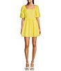 Color:Yellow - Image 1 - Poplin Tie Back Short Puff Sleeve Square Neck Back Detail Mini Dress