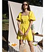 Color:Yellow - Image 3 - Poplin Tie Back Short Puff Sleeve Square Neck Back Detail Mini Dress