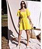 Color:Yellow - Image 4 - Poplin Tie Back Short Puff Sleeve Square Neck Back Detail Mini Dress