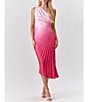 Color:Fuchsia - Image 1 - Satin Ombre Pleated One Shoulder Sleeveless Asymmetrical Hem Midi Dress