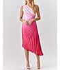 Color:Fuchsia - Image 3 - Satin Ombre Pleated One Shoulder Sleeveless Asymmetrical Hem Midi Dress