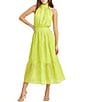 Color:Cyber Lime - Image 1 - Seersucker Halter Neck Sleeveless Tiered Midi Dress