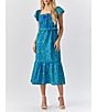 Color:Green/Blue - Image 1 - Selene Embroidered Square Tie Neck Flutter Sleeve Ruffle Midi Dress