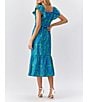 Color:Green/Blue - Image 2 - Selene Embroidered Square Tie Neck Flutter Sleeve Ruffle Midi Dress