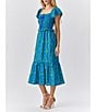 Color:Green/Blue - Image 3 - Selene Embroidered Square Tie Neck Flutter Sleeve Ruffle Midi Dress