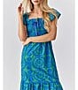 Color:Green/Blue - Image 4 - Selene Embroidered Square Tie Neck Flutter Sleeve Ruffle Midi Dress