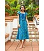 Color:Green/Blue - Image 5 - Selene Embroidered Square Tie Neck Flutter Sleeve Ruffle Midi Dress