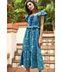 Color:Green/Blue - Image 6 - Selene Embroidered Square Tie Neck Flutter Sleeve Ruffle Midi Dress