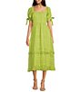 Color:Agave Green - Image 1 - Lurex Jacquard Square Neck Short Puff Tie Sleeve Ruffle Trimmed Tiered Midi Dress