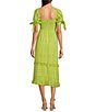 Color:Agave Green - Image 2 - Lurex Jacquard Square Neck Short Puff Tie Sleeve Ruffle Trimmed Tiered Midi Dress