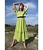 Color:Agave Green - Image 3 - Lurex Jacquard Square Neck Short Puff Tie Sleeve Ruffle Trimmed Tiered Midi Dress