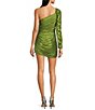 Color:Bright Green - Image 2 - Stretch Metallic Asymmetrical One Shoulder Long Sleeve Ruched Drawstring Hem Mini Dress