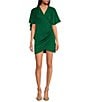 Color:Green - Image 1 - Stretch Surplice V-Neckline Cape Back Mini Sheath Dress