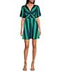 Color:Green Navy - Image 1 - Striped Twisted V Neckline Short Puff Sleeve Mini Dress