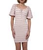 Adelyn Rae Textured Knit Scoop Neck Short Sleeve Front Tie Bodycon Mini Dress, Color:Pink - Image 5