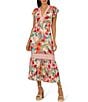 Adrianna Papell Adrianna by Adrianna Papell Floral V-Neckline Flutter Cap Sleeve Midi Dress, Color:Pink Green - Image 1