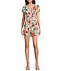 Color:Pink-Green - Image 1 - Adrianna by Adrianna Papell Floral V-Neckline Short Sleeve Belted Romper