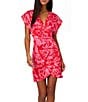 Color:Red/Pink - Image 1 - Adrianna by Adrianna Papell Satin Floral Print Surplice V-Neck Short Flutter Sleeve Faux Wrap Mini Dress