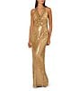 Adrianna Papell Adrianna by Adrianna Papell Sequin Cowl Neck Sleeveless Open Back Column Gown, Color:Gold - Image 1