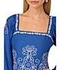 Adrianna Papell Adrianna by Adrianna Papell Square Neck Long Sleeve Embroidered Cotton Sheath Dress, Color:Blue/White - Image 3