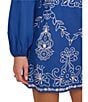 Adrianna Papell Adrianna by Adrianna Papell Square Neck Long Sleeve Embroidered Cotton Sheath Dress, Color:Blue/White - Image 4