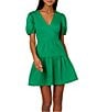 Color:Green - Image 1 - Adrianna by Adrianna Papell Stretch Surplice V-Neck Short Puff Sleeve Dress