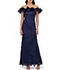 Color:Light Navy - Image 1 - 3D Floral Off-the-Shoulder Ruffle Mermaid Gown