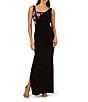 Adrianna Papell Asymmetrical Neck Sleeveless Floral Beading Side Ruched Jersey Column Gown, Color:Black Multi - Image 1