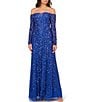 Color:Brilliant Sapphire - Image 1 - Beaded Mesh Off-the-Shoulder Long Sleeve Gown