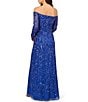 Color:Brilliant Sapphire - Image 2 - Beaded Mesh Off-the-Shoulder Long Sleeve Gown