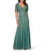 Color:Green Slate - Image 1 - Beaded V Neckline 3/4 Petal Sleeve Mermaid Gown