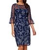 Color:Midnight Multi - Image 1 - Boat Neck 3/4 Bell Sleeve Floral Embroidered Dress