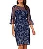 Color:Midnight Multi - Image 3 - Boat Neck 3/4 Bell Sleeve Floral Embroidered Dress