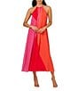 Adrianna Papell Chiffon Color Block Halter Neck Sleeveless Maxi Dress, Color:Red Multi - Image 1