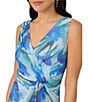 Adrianna Papell Chiffon Floral Print V Neck Sleeveless Front Drape A-Line Midi Dress, Color:Blue Multi - Image 3