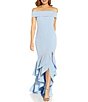 Color:Elegant Sky - Image 1 - Crepe Ruffle Short Sleeve Off-the-Shoulder High-Low Layered Gown