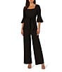 Adrianna Papell Crepe Square Neck 3/4 Bell Sleeve Tie Front Straight Leg Jumpsuit, Color:Black - Image 1
