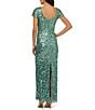 Adrianna Papell Crew Neck Short Sleeve Beaded Sequin Mesh Column Gown, Color:Greenslate - Image 2