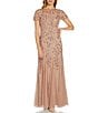 Color:Rose Gold - Image 1 - Round Neck Short Sleeve Floral Beaded Mesh Godet Fit and Flare Gown