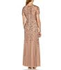 Color:Rose Gold - Image 2 - Round Neck Short Sleeve Floral Beaded Mesh Godet Fit and Flare Gown