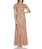 Adrianna Papell Round Neck Short Sleeve Floral Beaded Mesh Godet Fit and Flare Long Gown - Image 1