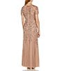 Adrianna Papell Round Neck Short Sleeve Floral Beaded Mesh Godet Fit and Flare Long Gown - Image 2
