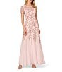 Color:Blush Pink - Image 1 - Round Neck Short Sleeve Floral Beaded Mesh Godet Fit and Flare Gown