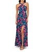 Color:Navy/Multi - Image 1 - Floral Halter Neckline Sleeveless Shirred Gown