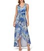 Color:Blue Multi - Image 1 - Floral Metallic Surplice V-Neck Sleeveless Faux Wrap Gown