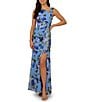 Adrianna Papell Floral Print Chiffon Asymmetrical Neck Sleeveless Front Ruffle Twist Column Dress, Color:Blue Multi - Image 1