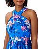 Color:Blue Multi - Image 3 - Floral Print Crisscross Halter Neck Sleeveless Tie Waist Gown