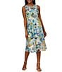 Color:Blue/Ivory - Image 1 - Floral Print Embroidered Mikado Boat Neck Sleeveless Dress