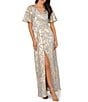 Adrianna Papell Foiled Leaf Print Surplice V-Neck Short Flutter Sleeve Gown, Color:Light Blue/Gold - Image 1