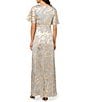 Adrianna Papell Foiled Leaf Print Surplice V-Neck Short Flutter Sleeve Gown, Color:Light Blue/Gold - Image 2